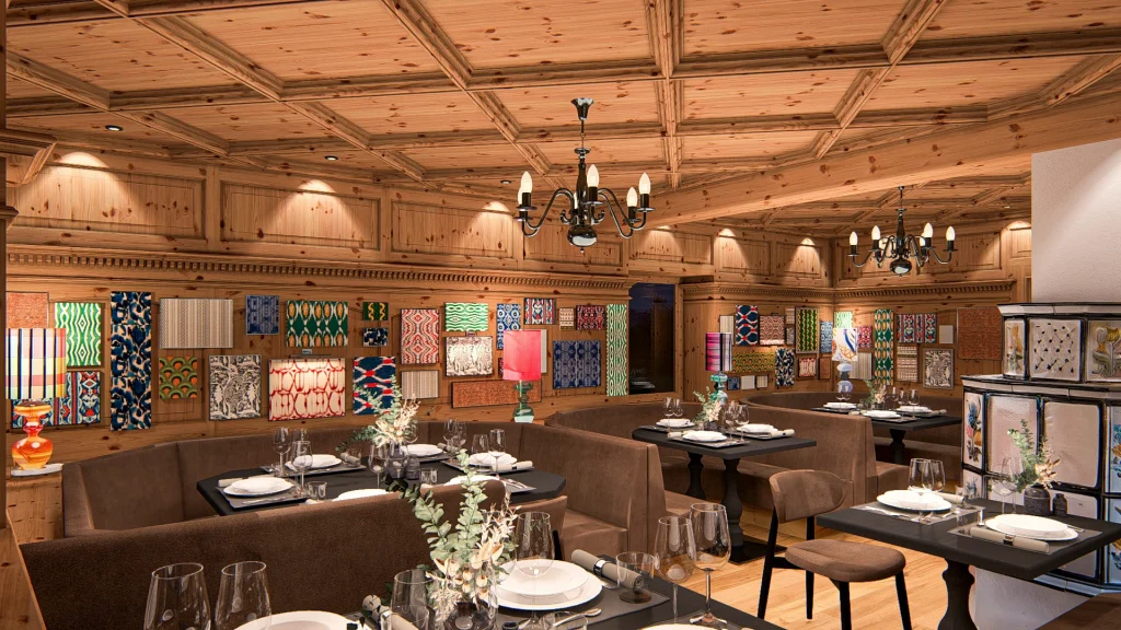 Rustikales Restaurant mit Holzwänden und moderner Dekoration.