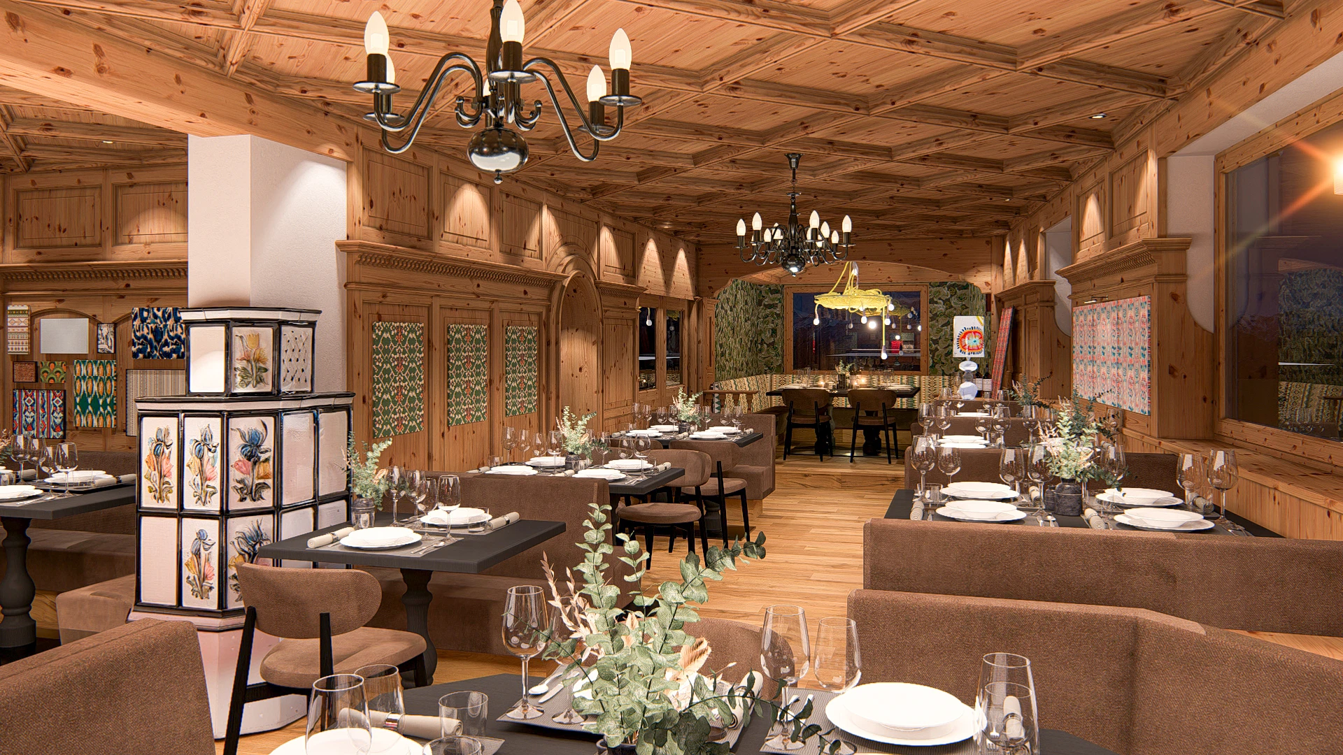 Rustikales Restaurant mit Holzmöbeln und gedeckten Tischen.