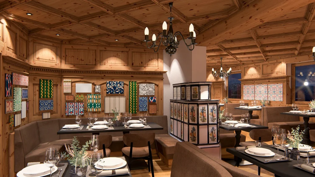 Gemütliches Restaurant mit Holzwänden und dekorativen Mustern.
